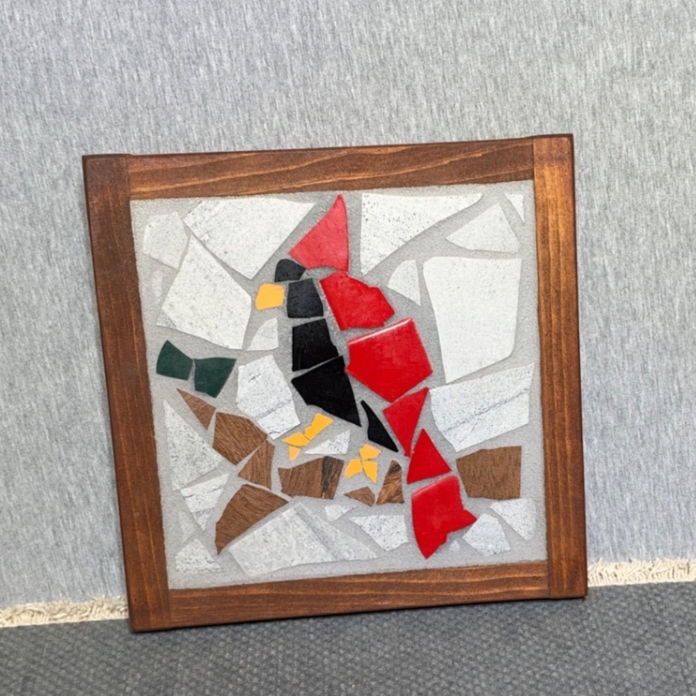 Handmade Rustic Mosaic Cardinal Bird Trivet Framed Stone Tile Decor 8.25"